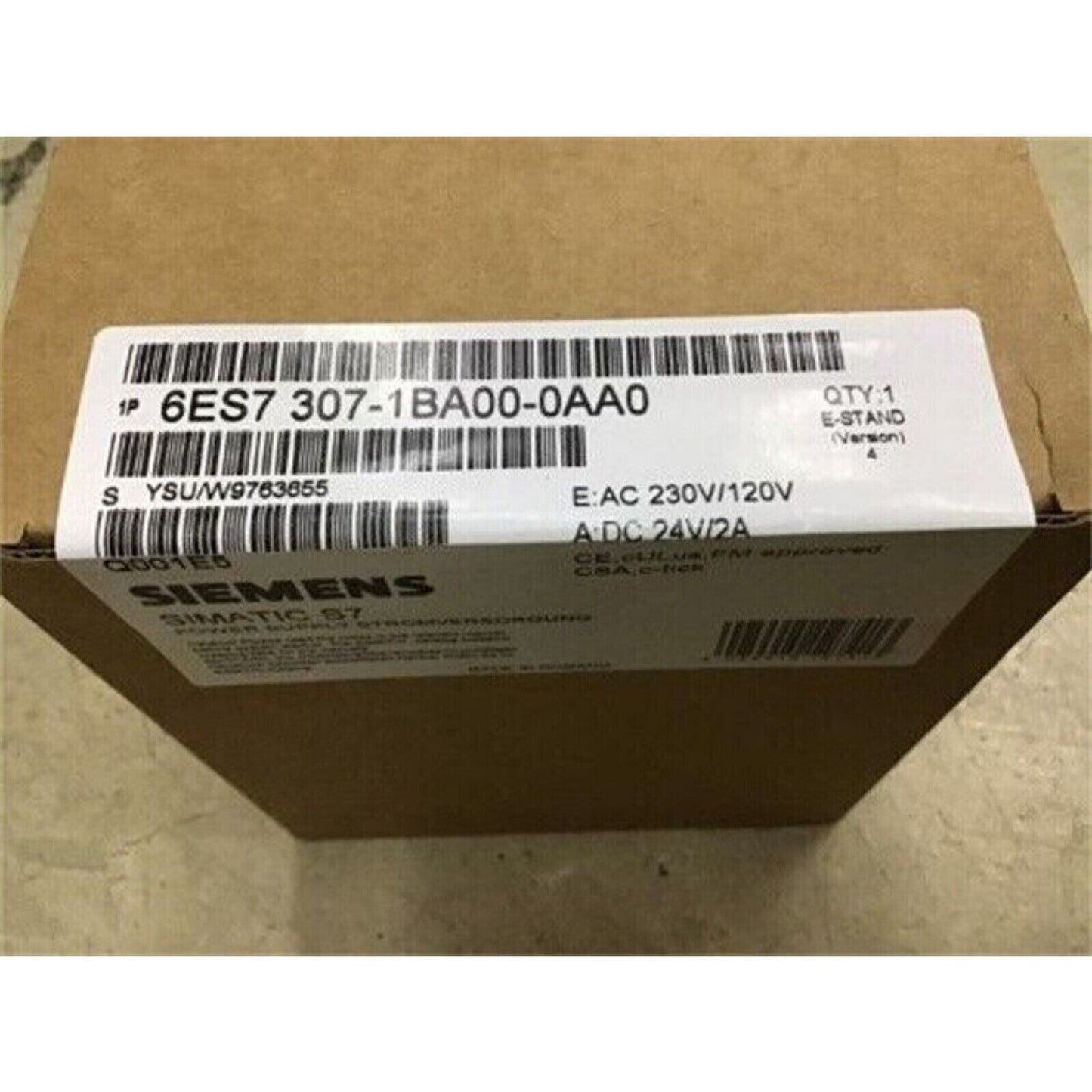 Siemens SIMATIC S7-300 power supply module in brown box, model 6ES7 307-1BA00-0AA0, 24V DC output, for reliable PLC operation