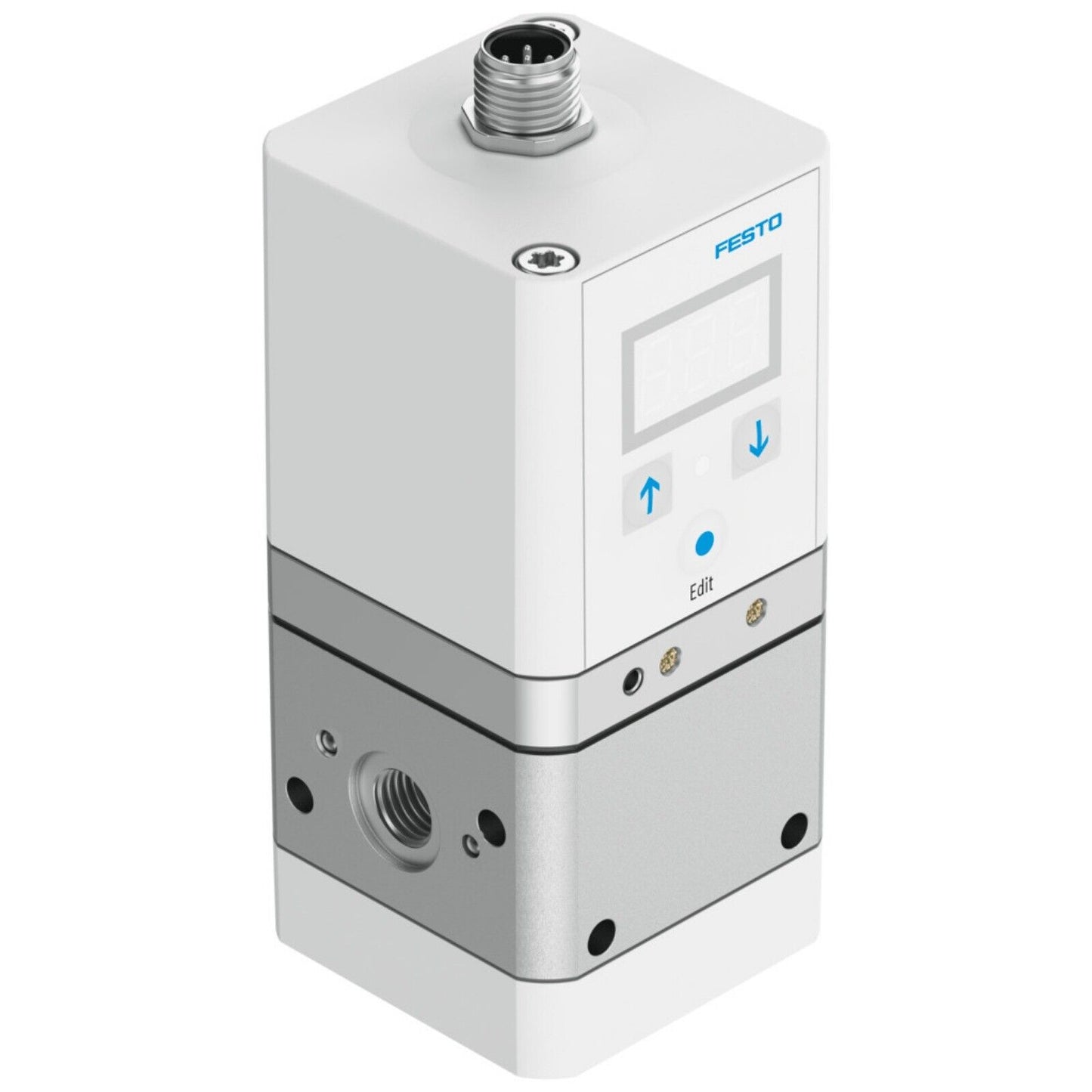 FESTO VPPE-3-1-1/8-10-420-E1 proportional pressure valve. Features a digital display with edit controls and screw fittings.