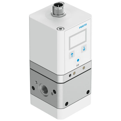 FESTO VPPE-3-1-1/8-10-420-E1 proportional pressure valve. Features a digital display with edit controls and screw fittings.