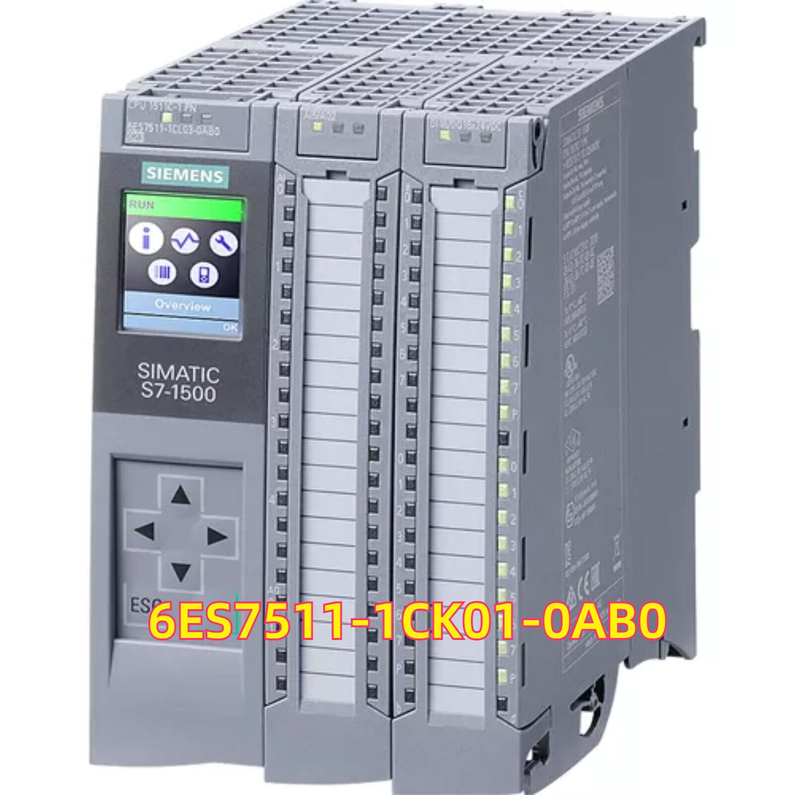 Siemens SIMATIC S7-1500 CPU 6ES7511-1CK01-0AB0, industrial automation PLC module with PROFINET interface, run status display.