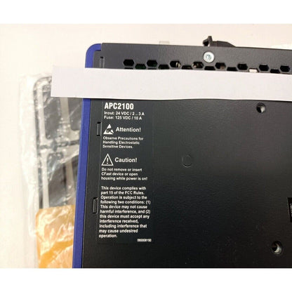 B&R APC2100 Control System detail with input specs, caution notices, and FCC compliance information.