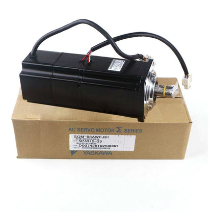 YASKAWA SGM-08AWFJ91 AC Servo Motor, new in box, black motor with attached wiring, for industrial automation applications.