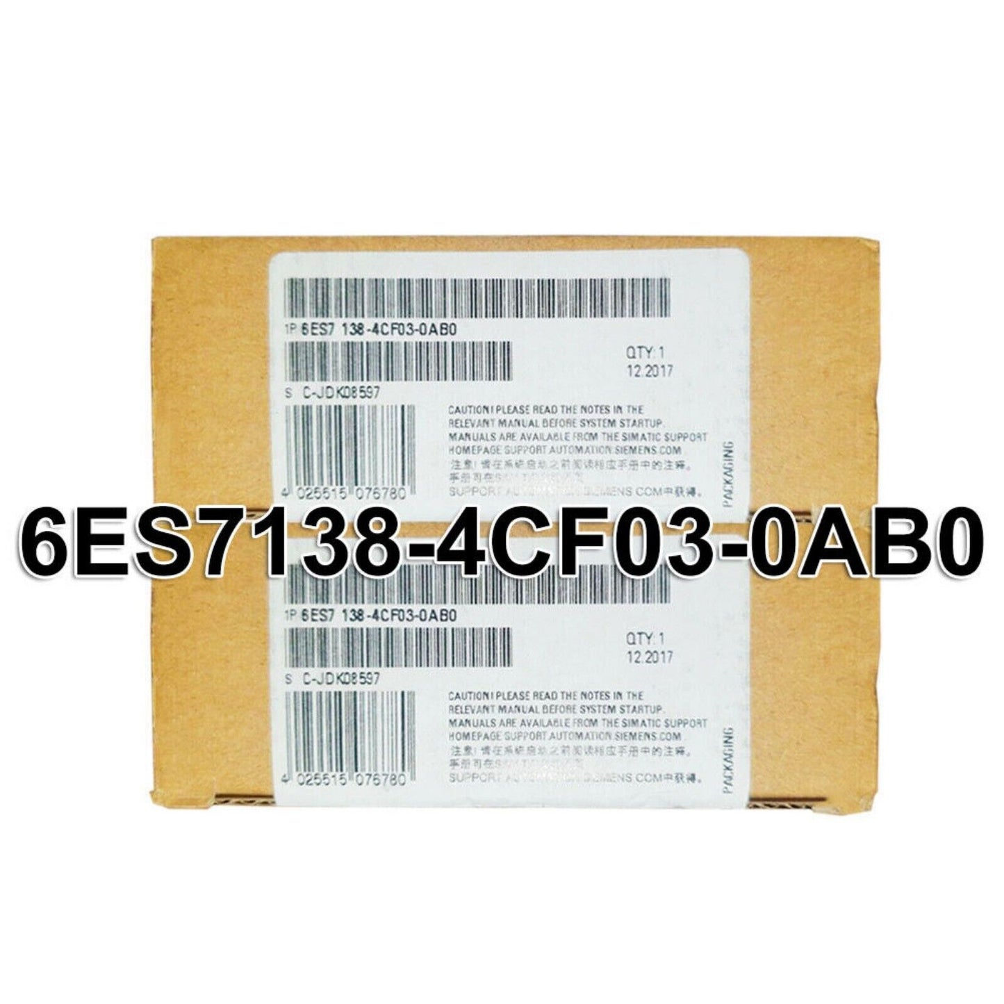 SIMATIC ET 200S 6ES7138-4CF03-0AB0 module packaging with product details, including Siemens model number and product code.