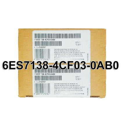SIMATIC ET 200S 6ES7138-4CF03-0AB0 module packaging with product details, including Siemens model number and product code.