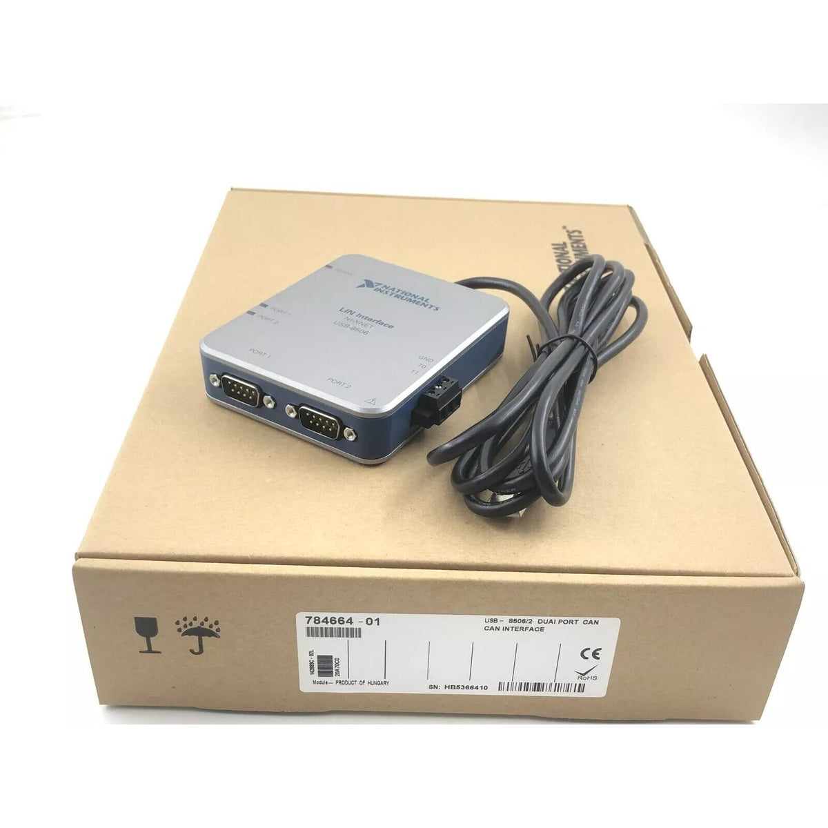 National Instruments USB-8506/2 Dual-channel High-speed LIN Card on its box, CAN interface.