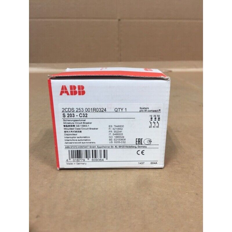 ABB S203-C32 32A 3P Miniature Circuit Breaker product box, Made in Germany, featuring product specifications.