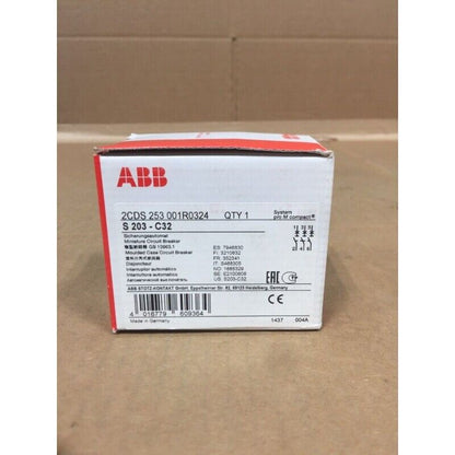 ABB S203-C32 32A 3P Miniature Circuit Breaker product box, Made in Germany, featuring product specifications.