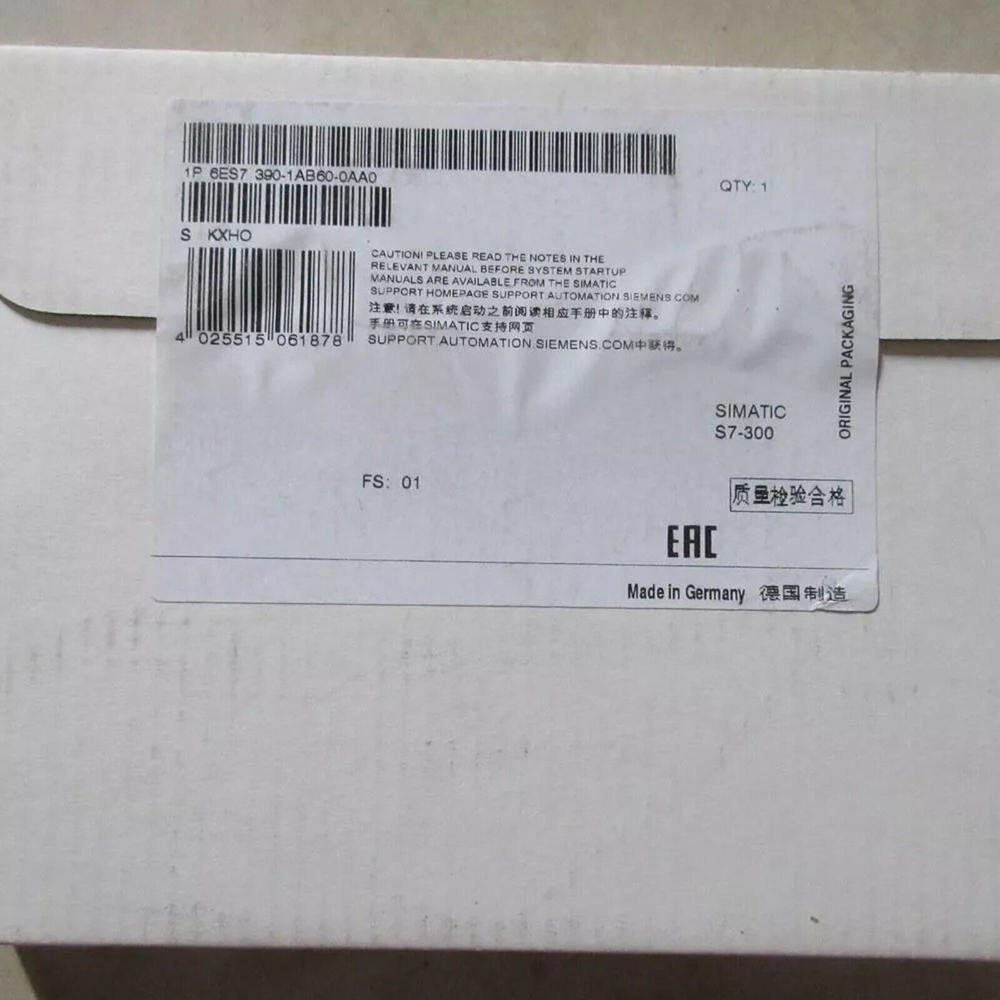 Siemens S7-300 original packaging. Made in Germany. Part number 6ES7 390-1AB60-0AA0.