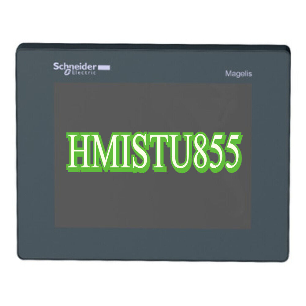 Schneider Electric HMISTU855 HMI panel, Magelis series, dark gray frame with HMISTU855 text.