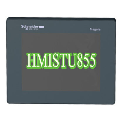 Schneider Electric HMISTU855 HMI panel, Magelis series, dark gray frame with HMISTU855 text.