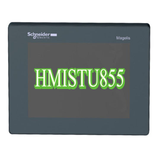 Schneider Electric HMISTU855 HMI panel, Magelis series, dark gray frame with HMISTU855 text.