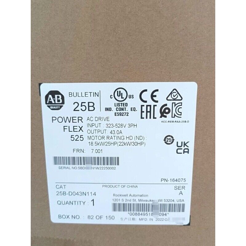 PowerFlex 525 AC drive label: 25B-D043N114 specs including voltage, current, and motor power.