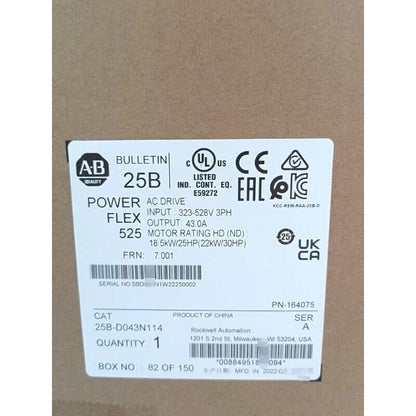 PowerFlex 525 AC drive label: 25B-D043N114 specs including voltage, current, and motor power.