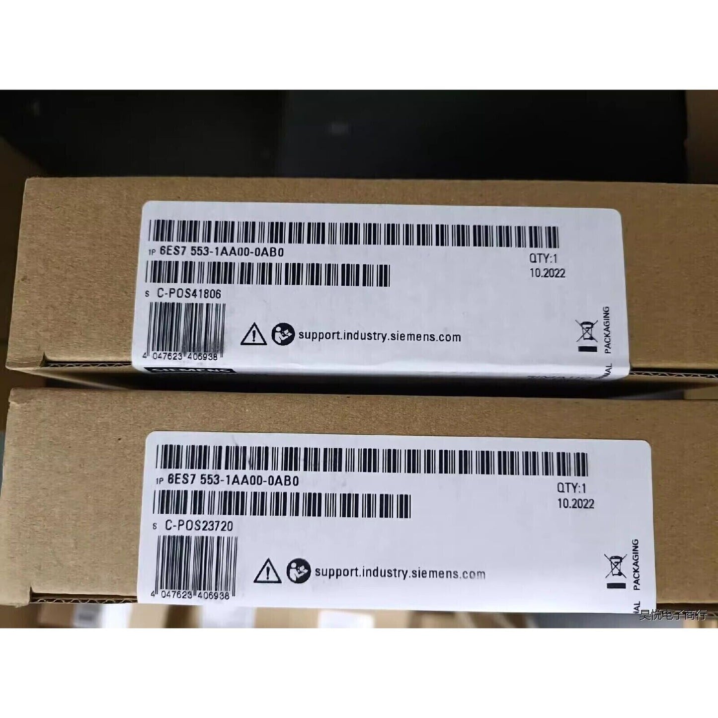 Siemens 6ES7 553-1AA00-0AB0 TM PTO 4 interface module packaging, product label with part number and details.
