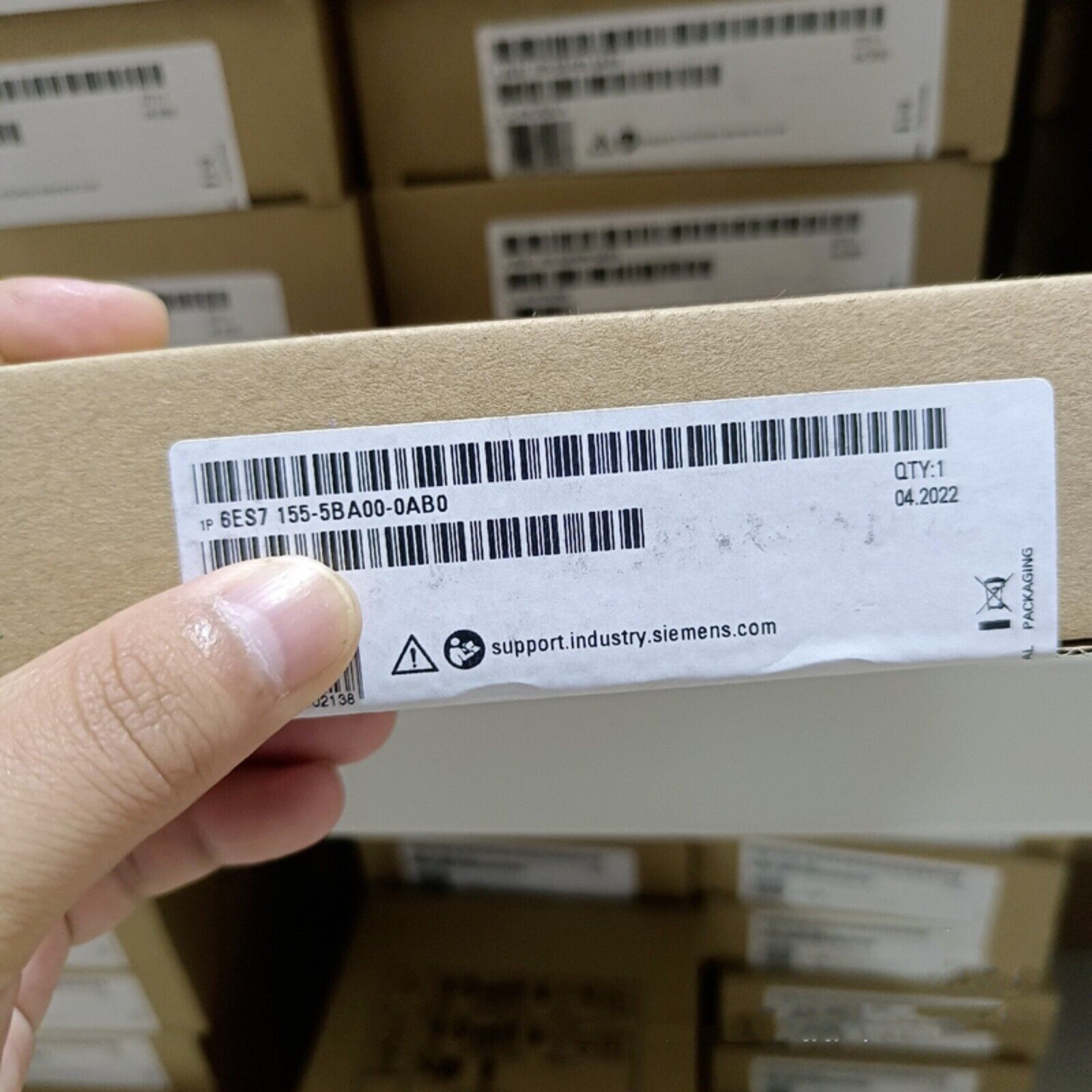 Siemens SIMATIC ET 200MP PLC module packaging, with part number 6ES7 155-5BA00-0AB0