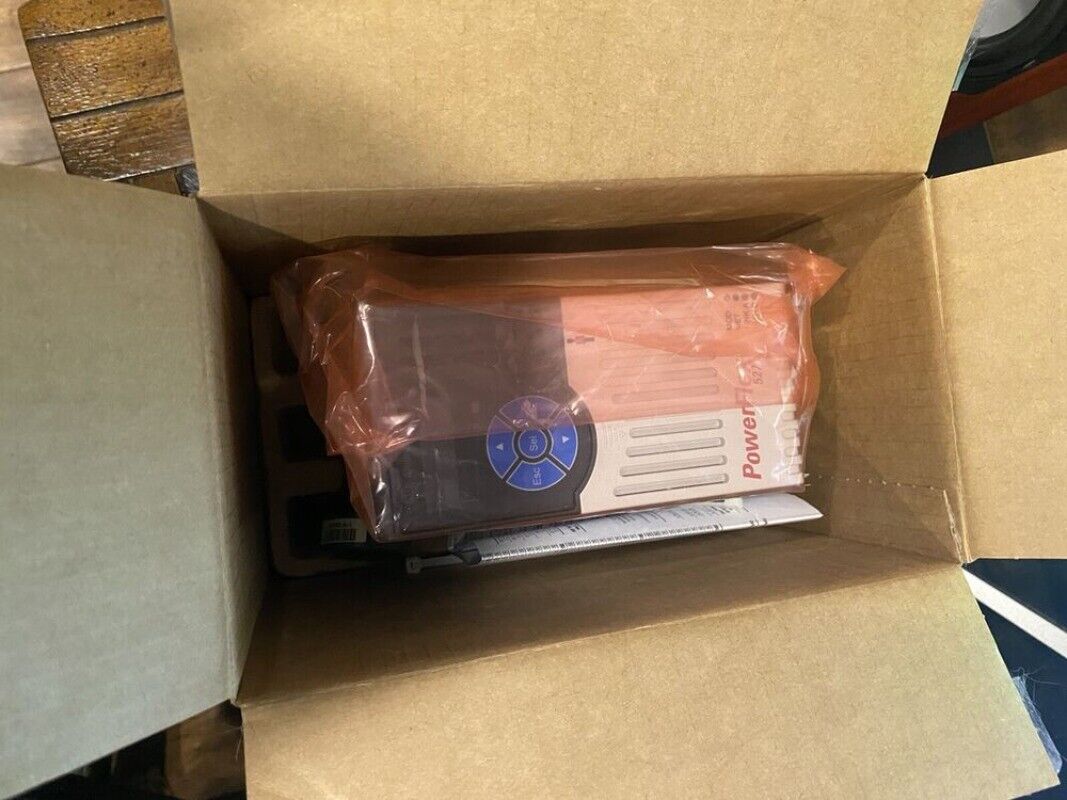 Allen-Bradley PowerFlex 527 AC Drive in box, new in box, product label visible, PLC automation equipment.