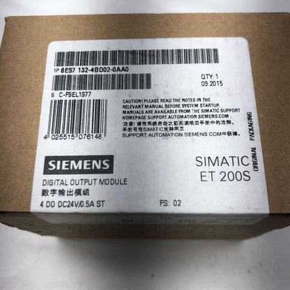 Siemens SIMATIC ET 200S Digital Output Module packaging, 6ES7 132-4BD02-0AA0, industrial automation part.
