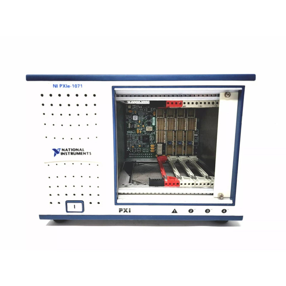 National Instruments PXIe-1071 PXI Chassis, front view with circuit boards visible, featuring the PXI logo.