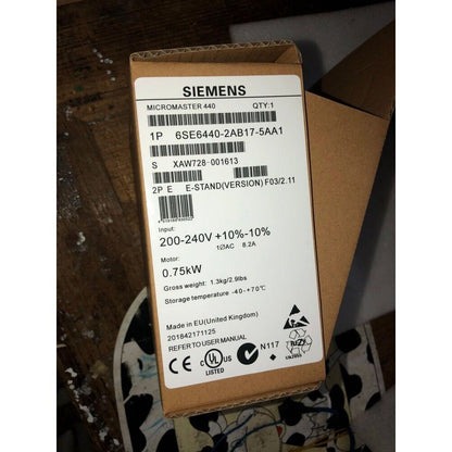 Siemens Micromaster 440 drive, model 6SE6440-2AB17-5AA1, 0.75kW, industrial automation part.