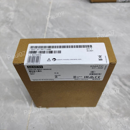 Siemens SIMATIC S7-300 Analog Input Module (6ES7331-7PF11-0AB0) on a product box, showing product details and specifications