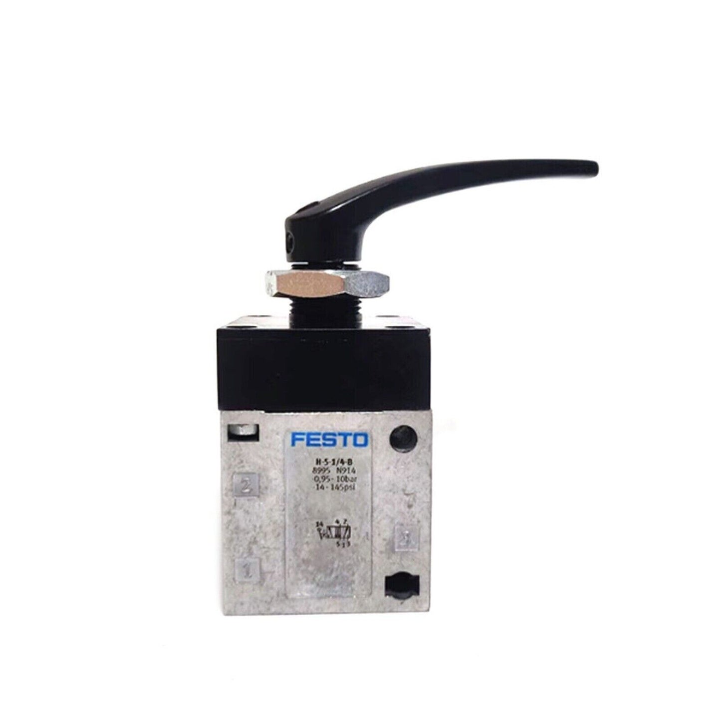 Festo H-5-1/4-B hand lever valve, black lever on silver valve body, industrial automation part