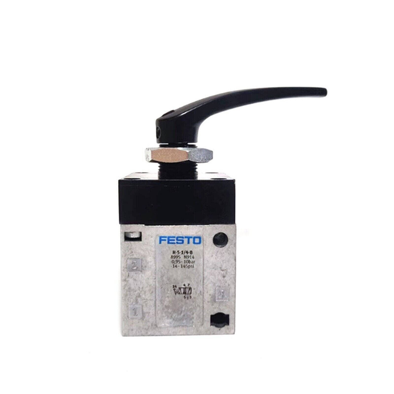 Festo H-5-1/4-B hand lever valve, black lever on silver valve body, industrial automation part