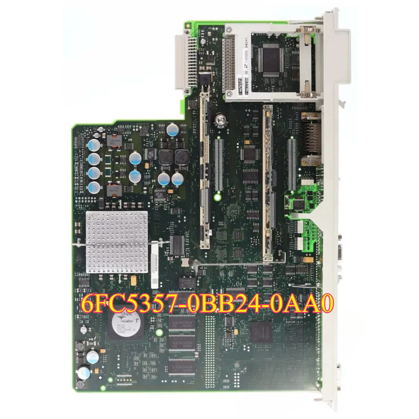 Siemens 6FC5357-0BB24-0AA0 PLC module. Green circuit board for industrial automation.