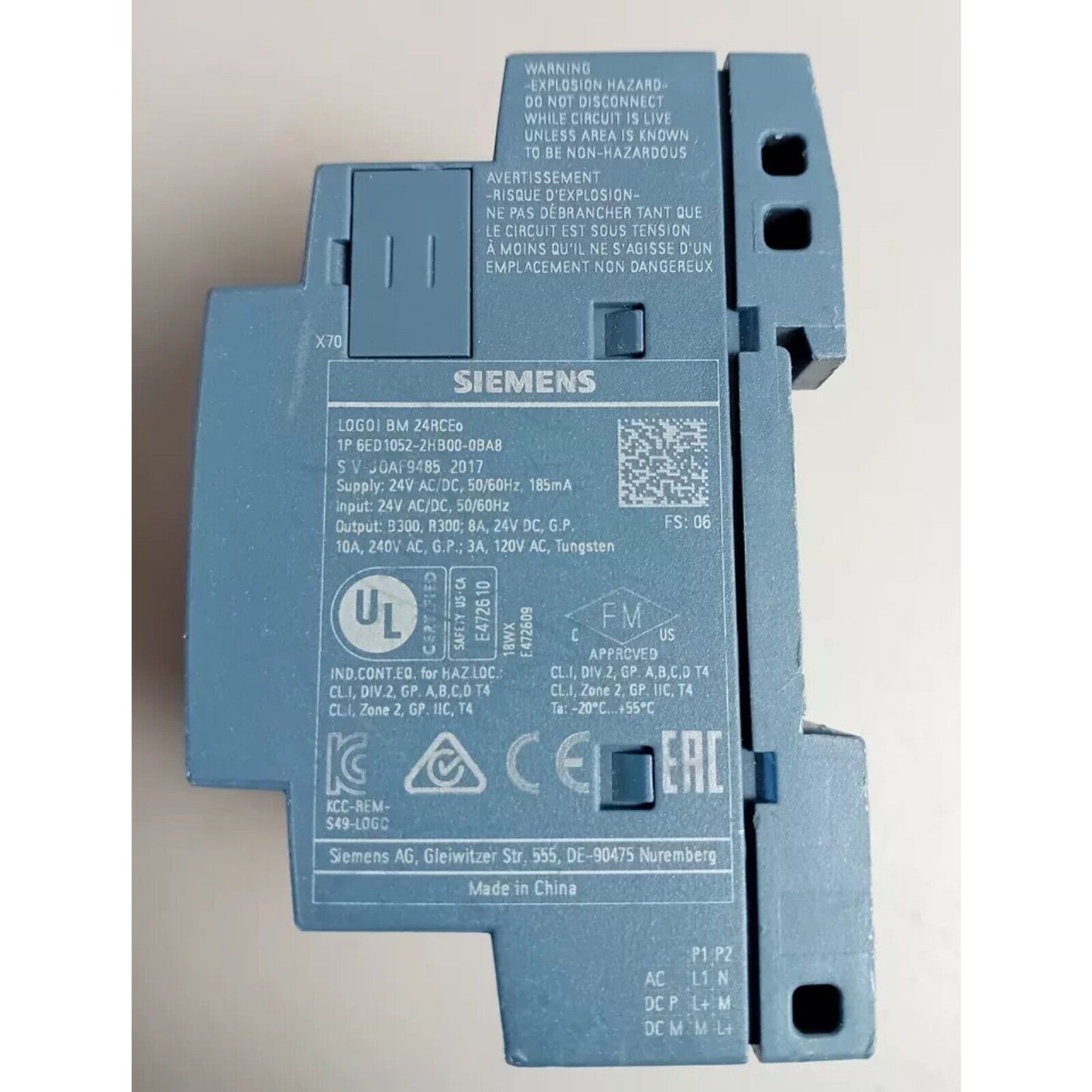 Siemens LOGO! 24RCEO PLC module 6ED1052-2HB00-0BA8. Industrial automation part with safety certifications.