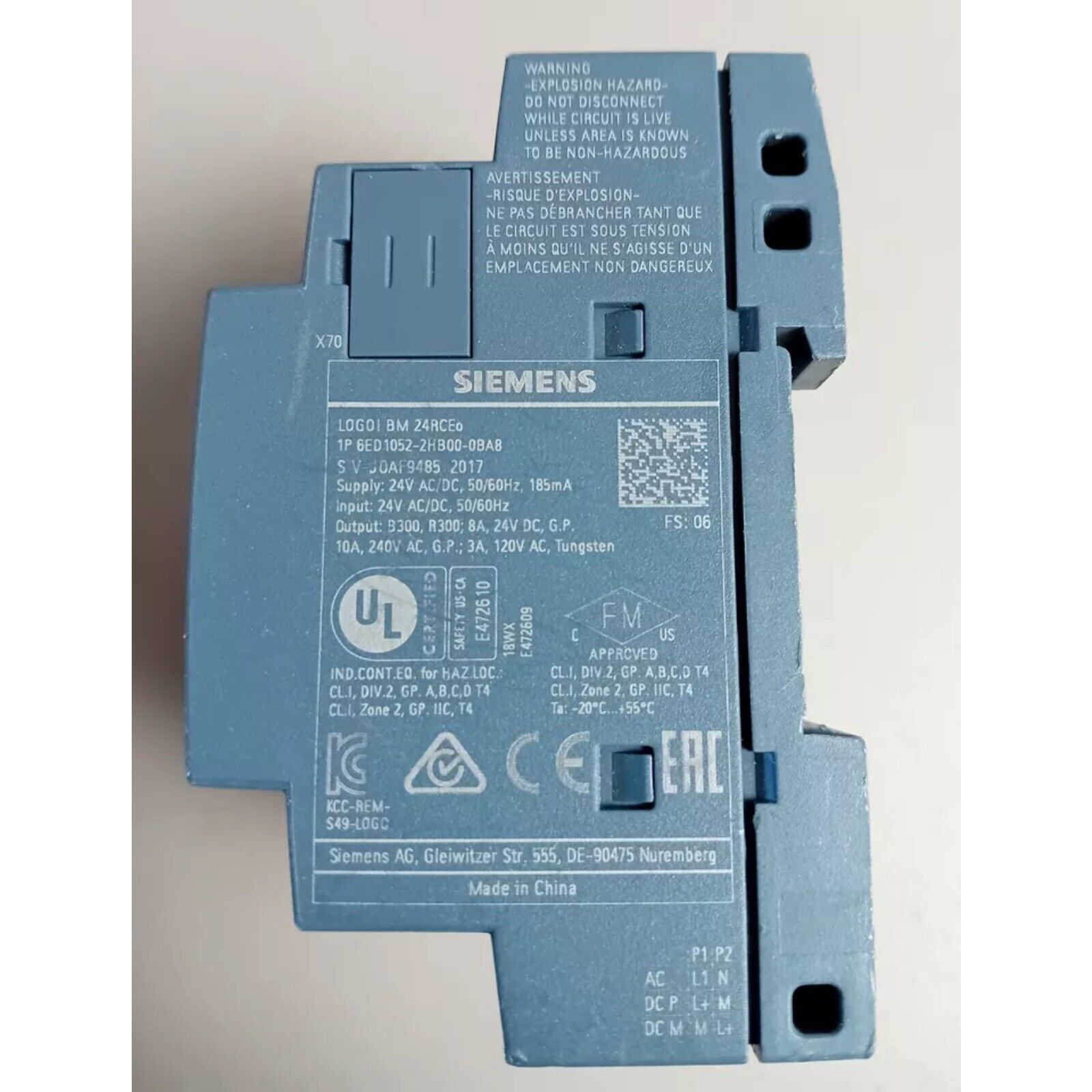 Siemens LOGO! 24RCEO PLC module 6ED1052-2HB00-0BA8. Industrial automation part with safety certifications.