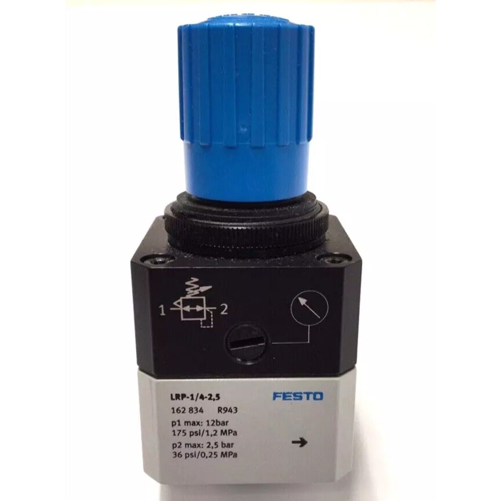 Festo LRP-1/4-2,5 precision pressure regulator with blue knob, industrial automation component.