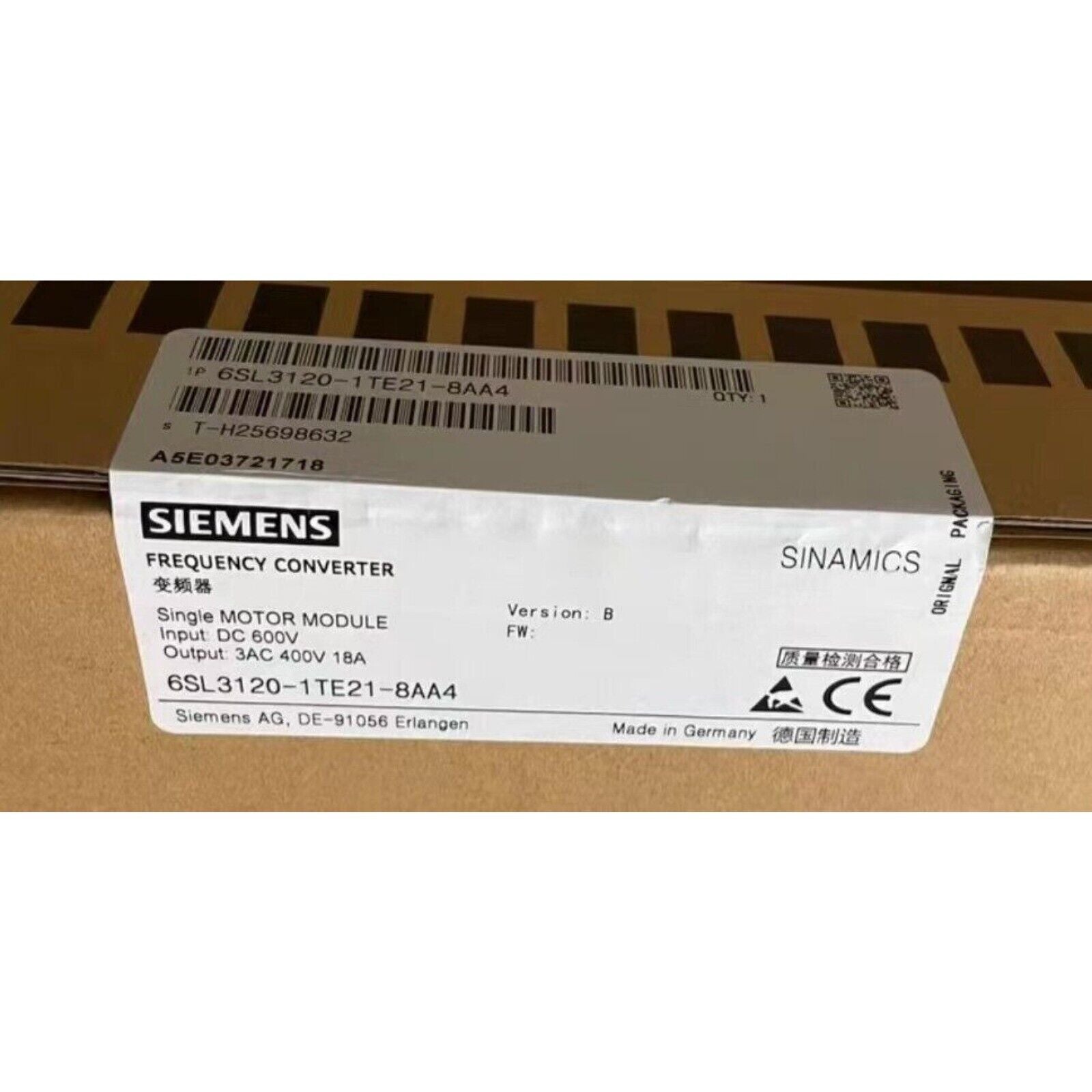 Siemens 6SL3120-1TE21-8AA4 Single Motor Module box, industrial automation part
