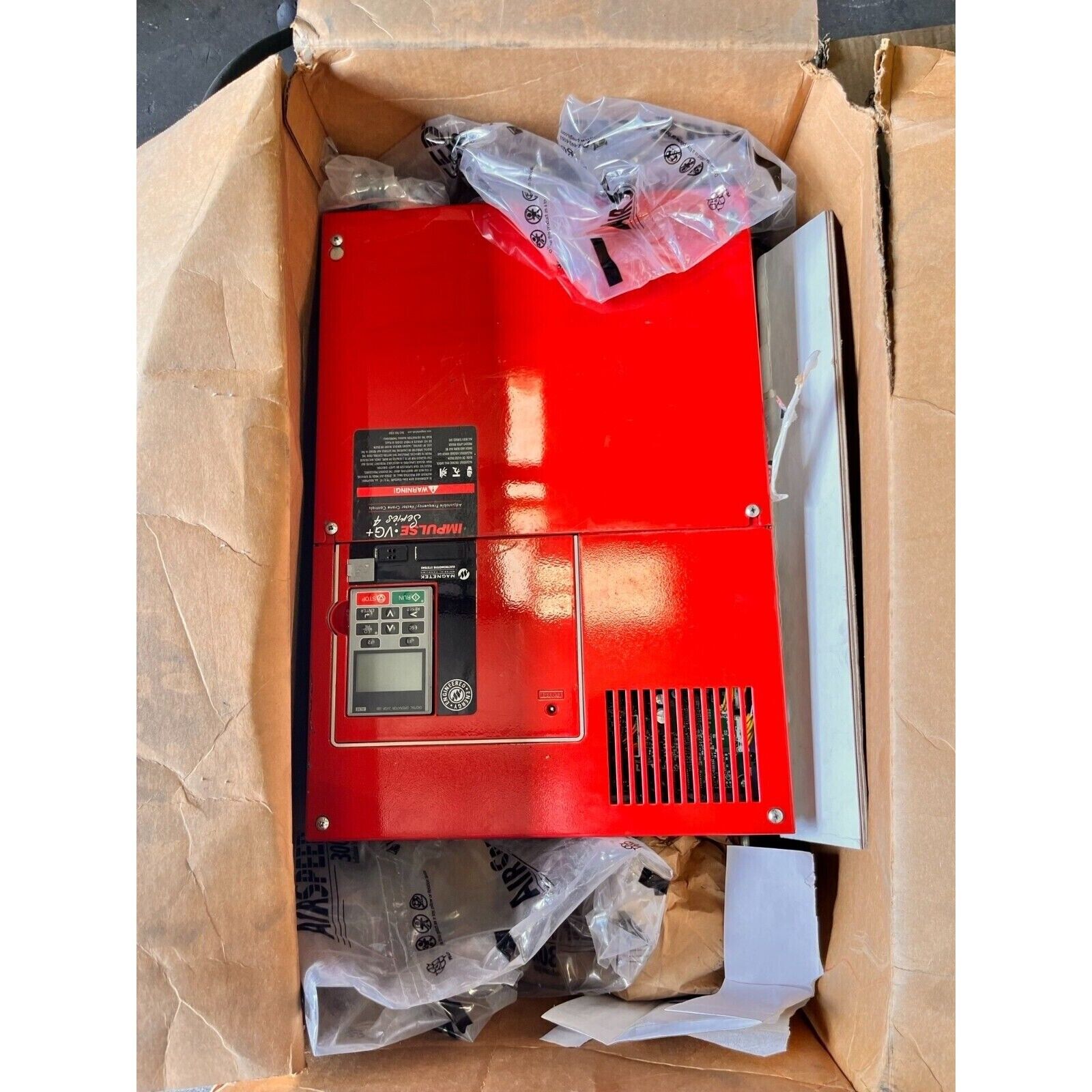 YASKAWA Magnetek VFD CIMR-AU4A0103AAA, red industrial inverter in box, IMPULSE VG+ Series 4
