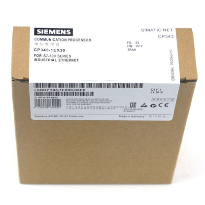Siemens SIMATIC NET CP343-1EX30 communication processor, S7-300 Industrial Ethernet, Made in Germany, original packaging.