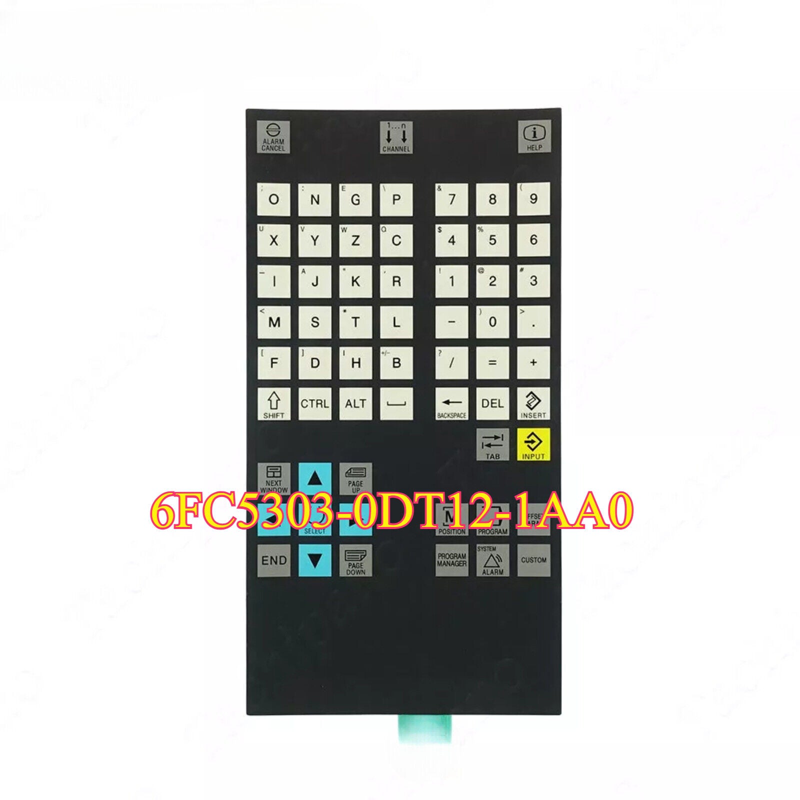 Siemens 6FC5303-0DT12-1AA0 keypad membrane. Industrial control panel with alphanumeric & function keys, black color.