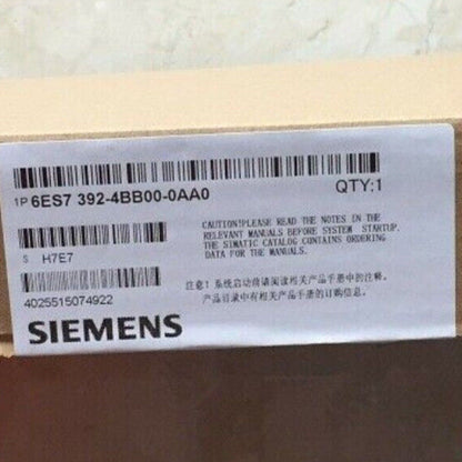 Siemens S7-300 6ES7392-4BB00-0AA0 product label with quantity 1. Includes barcodes and warnings. PLC part.