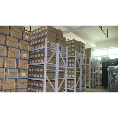 Warehouse stock of industrial automation products, featuring boxes labeled CDE300 2.2 KW and 3.7KW.