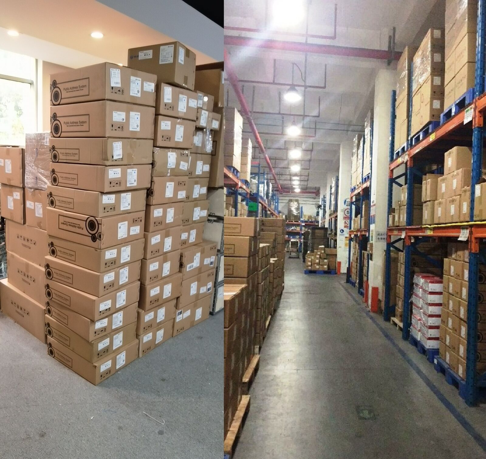 Warehouse stock of Public Address System boxes, ready for shipment.