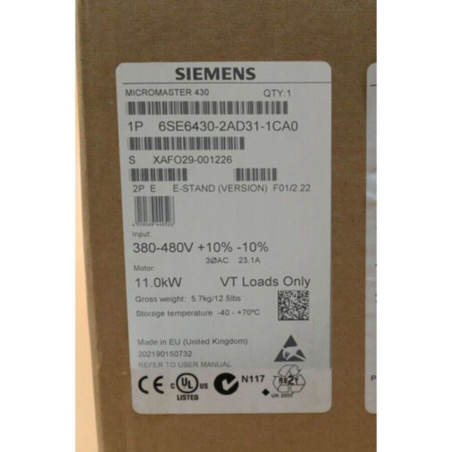 Siemens MICROMASTER 430 Frequency Inverter Label with model 6SE6430-2AD31-1CA0, 11.0kW, industrial automation part