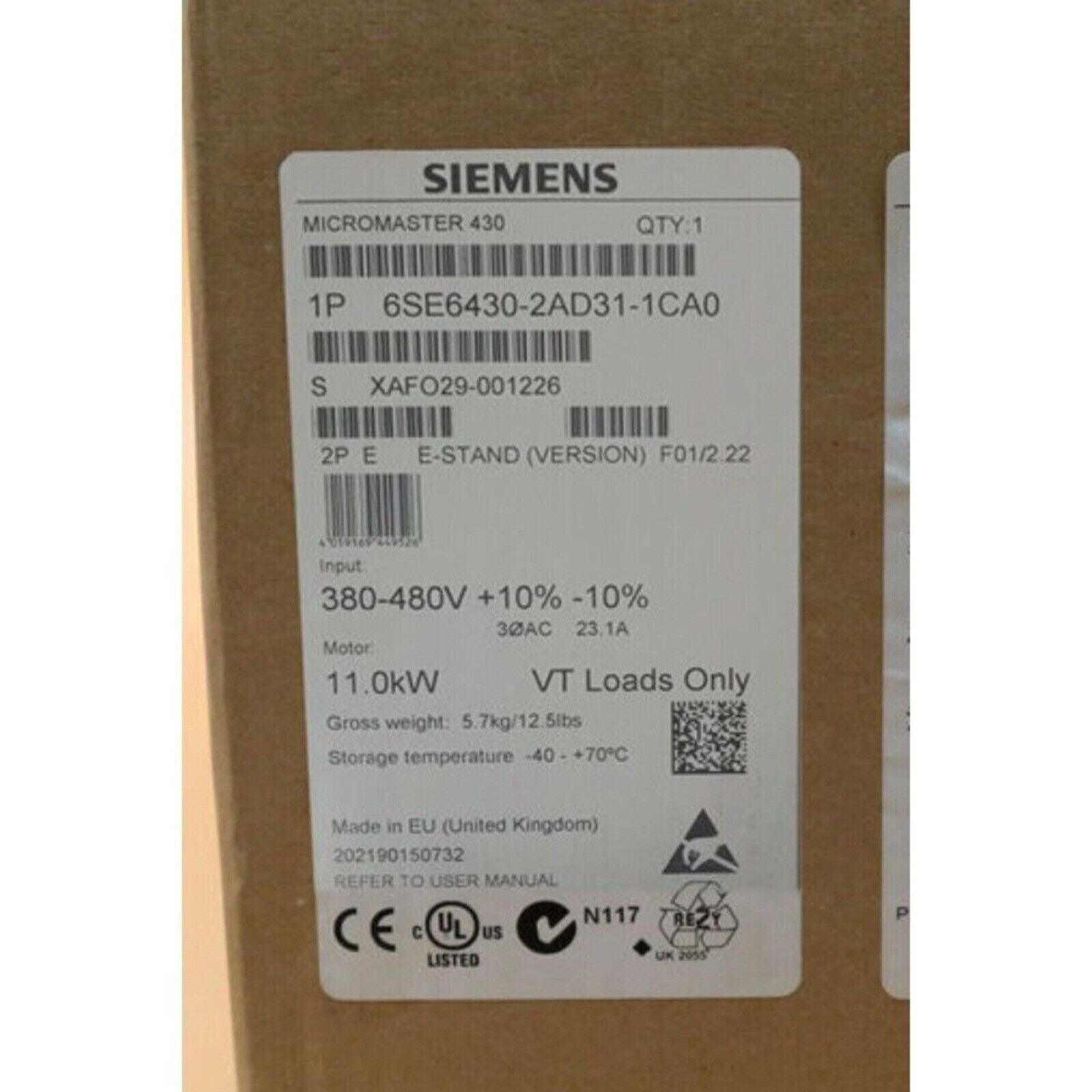 Siemens MICROMASTER 430 Frequency Inverter Label with model 6SE6430-2AD31-1CA0, 11.0kW, industrial automation part