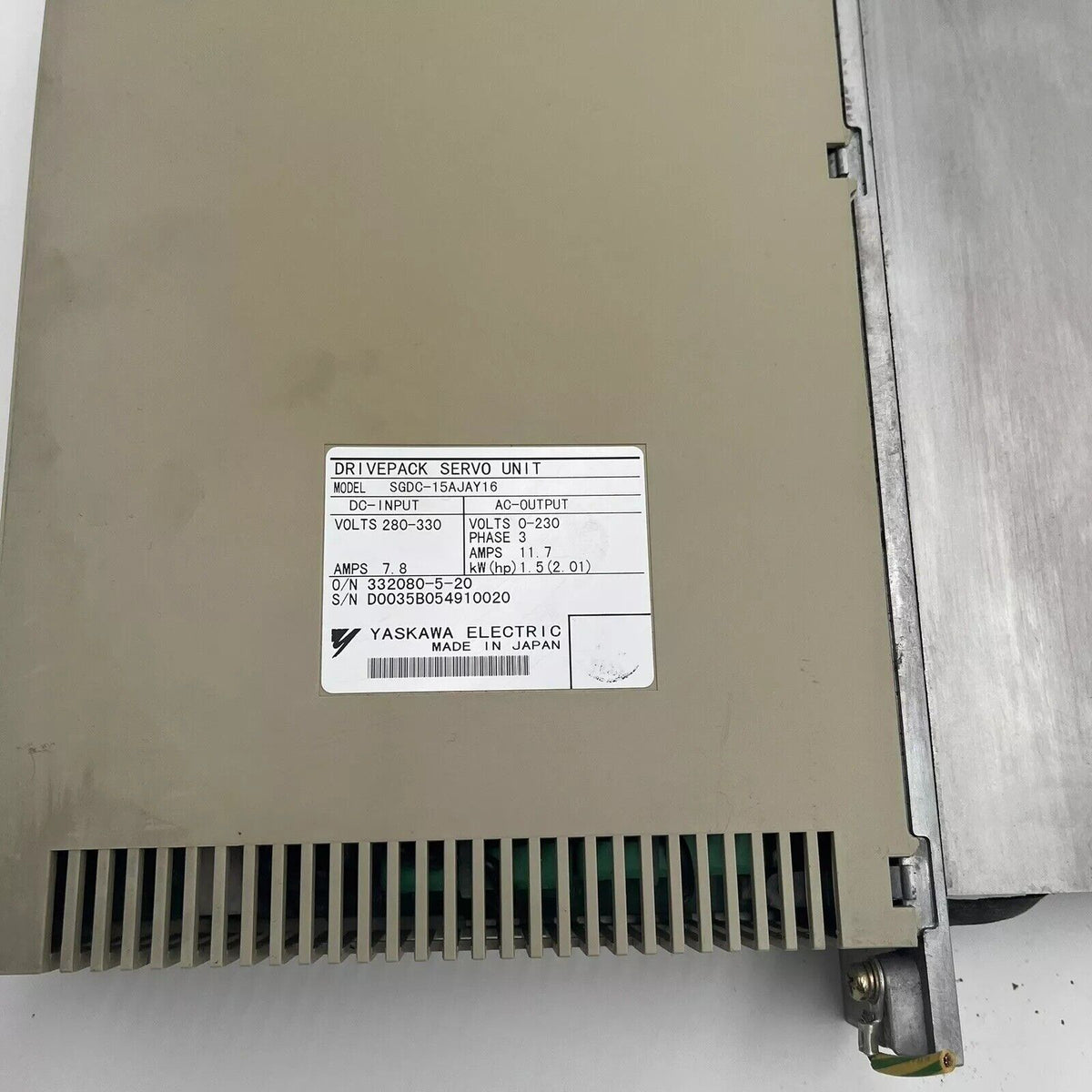 YASKAWA SGDC-15AJAY16 Servo Drive, 1.5KW. Industrial automation part with model info, Made in Japan.
