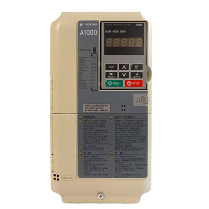 Yaskawa A1000 AC Drive CIMR-AA2M0030FAA. Features LED display, control buttons, and safety warnings.
