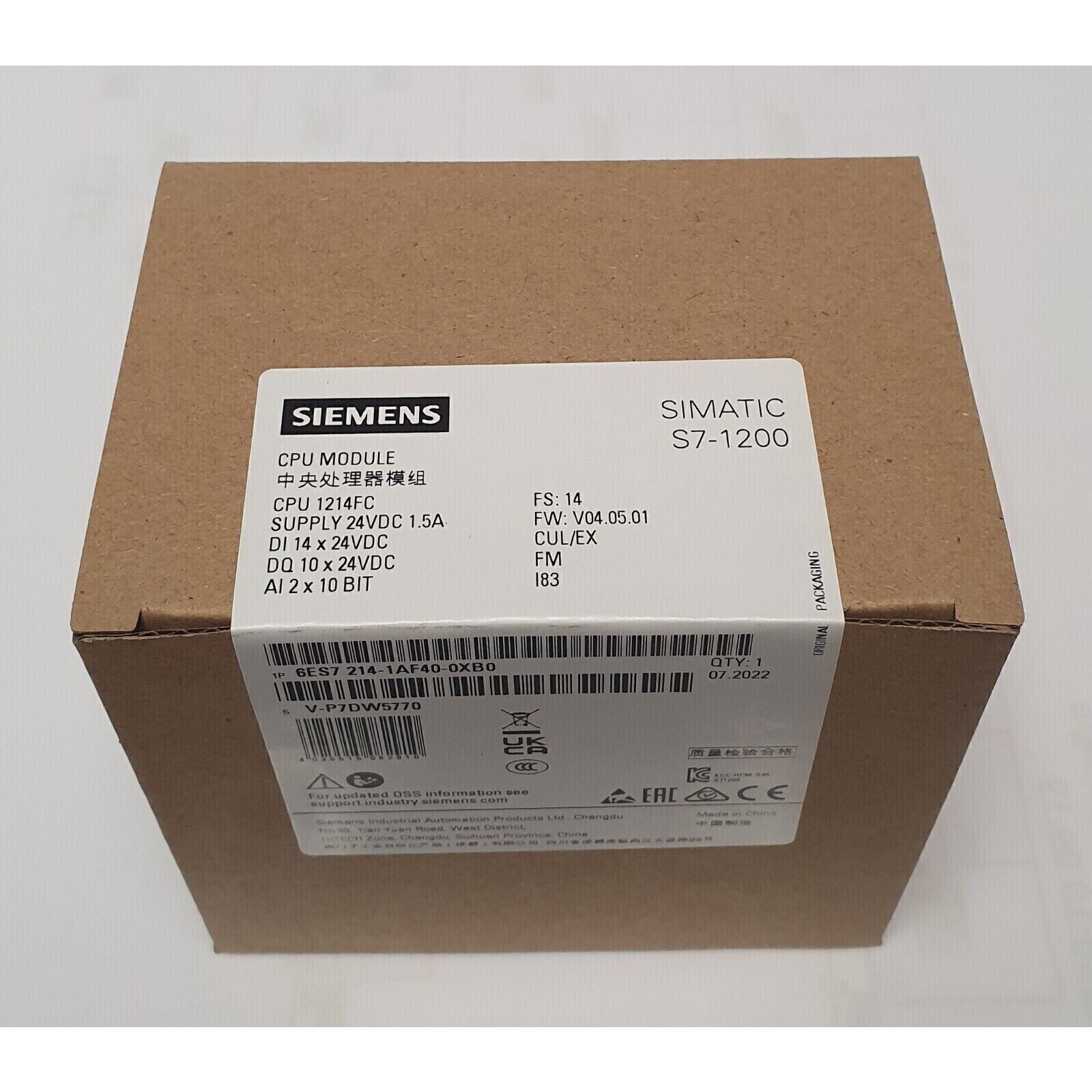 Siemens SIMATIC S7-1200 CPU Module in brown box, model 6ES7 214-1AF40-0XB0, with specifications.