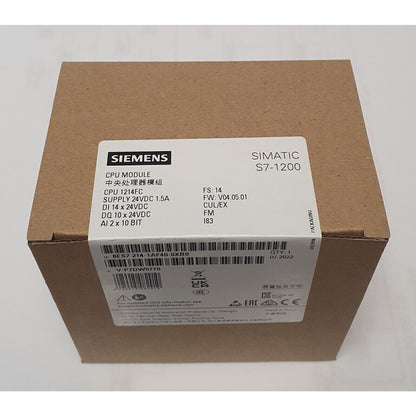 Siemens SIMATIC S7-1200 CPU Module in brown box, model 6ES7 214-1AF40-0XB0, with specifications.