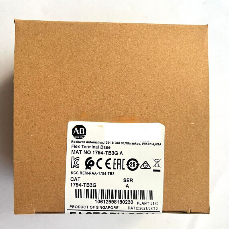 Allen-Bradley 1794-TB3G Flex Terminal Base Module box. Includes product details, and certification labels.