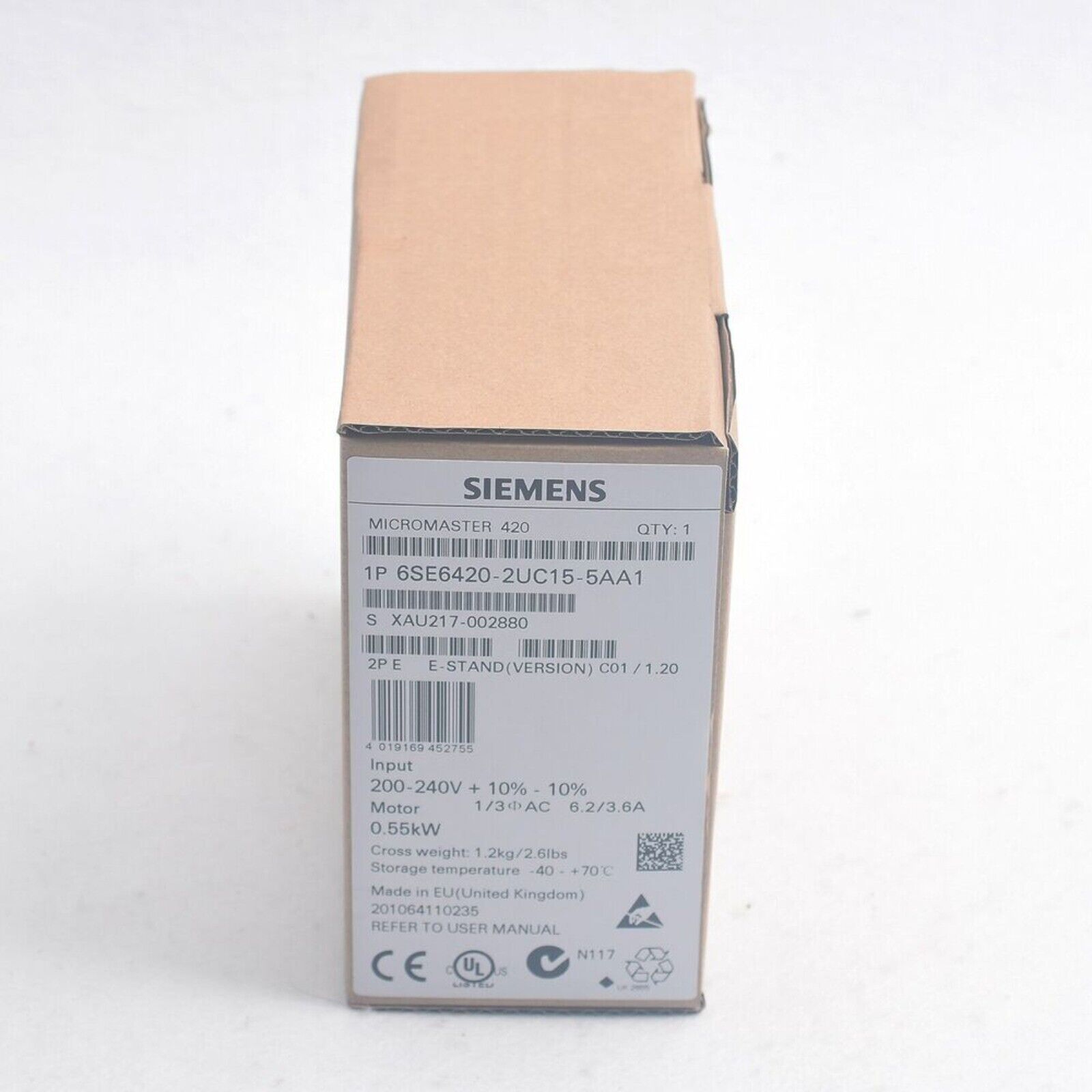 Siemens MICROMASTER 420 VFD box, product label 6SE6420-2UC15-5AA1, industrial automation part