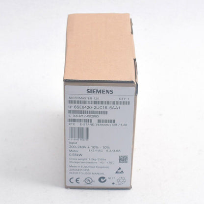 Siemens MICROMASTER 420 VFD box, product label 6SE6420-2UC15-5AA1, industrial automation part