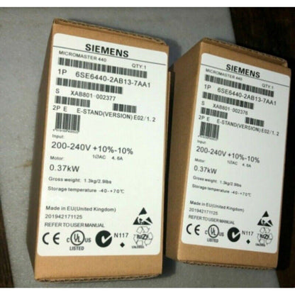 Siemens MICROMASTER 440 6SE6440-2AB13-7AA1, industrial automation part, 200-240V input, 0.37kW motor, UK made.