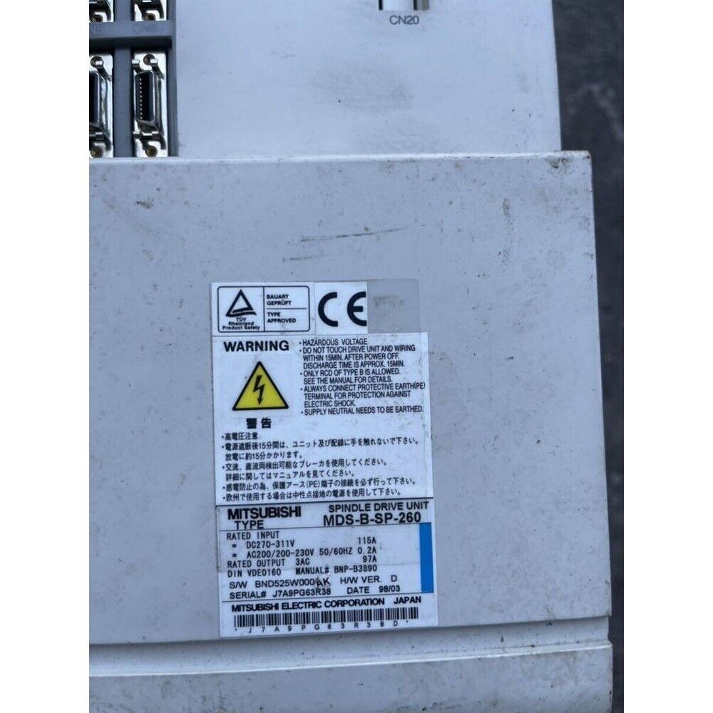 Mitsubishi MDS-B-SP-260 Spindle Drive Unit, industrial automation part, 200-230V, with warning labels, detail view.
