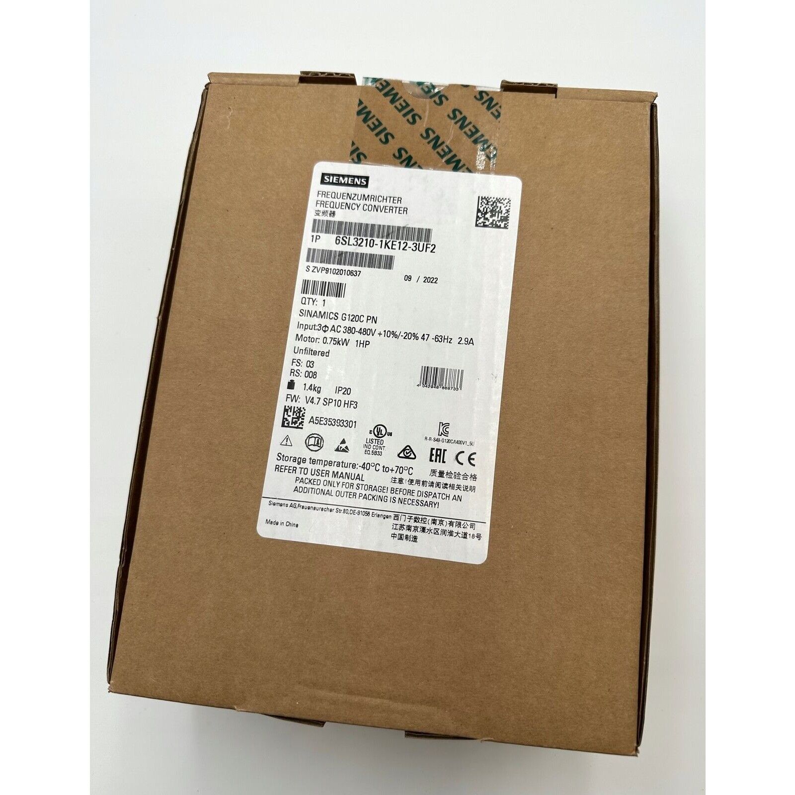 Siemens SINAMICS G120C PN Frequency Converter in Box, Model 6SL3210-1KE12-3UF2, Industrial Automation Part
