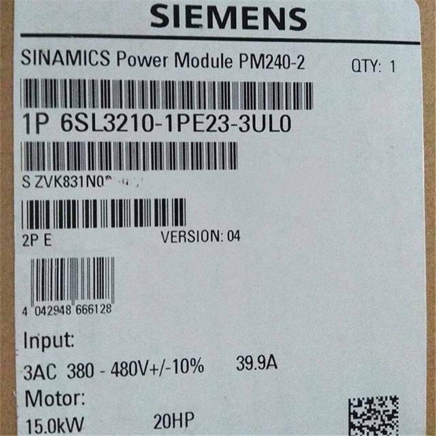 Siemens SINAMICS PM240-2 power module label, model 6SL3210-1PE23-3UL0, 15kW, 39.9A. Industrial automation part.